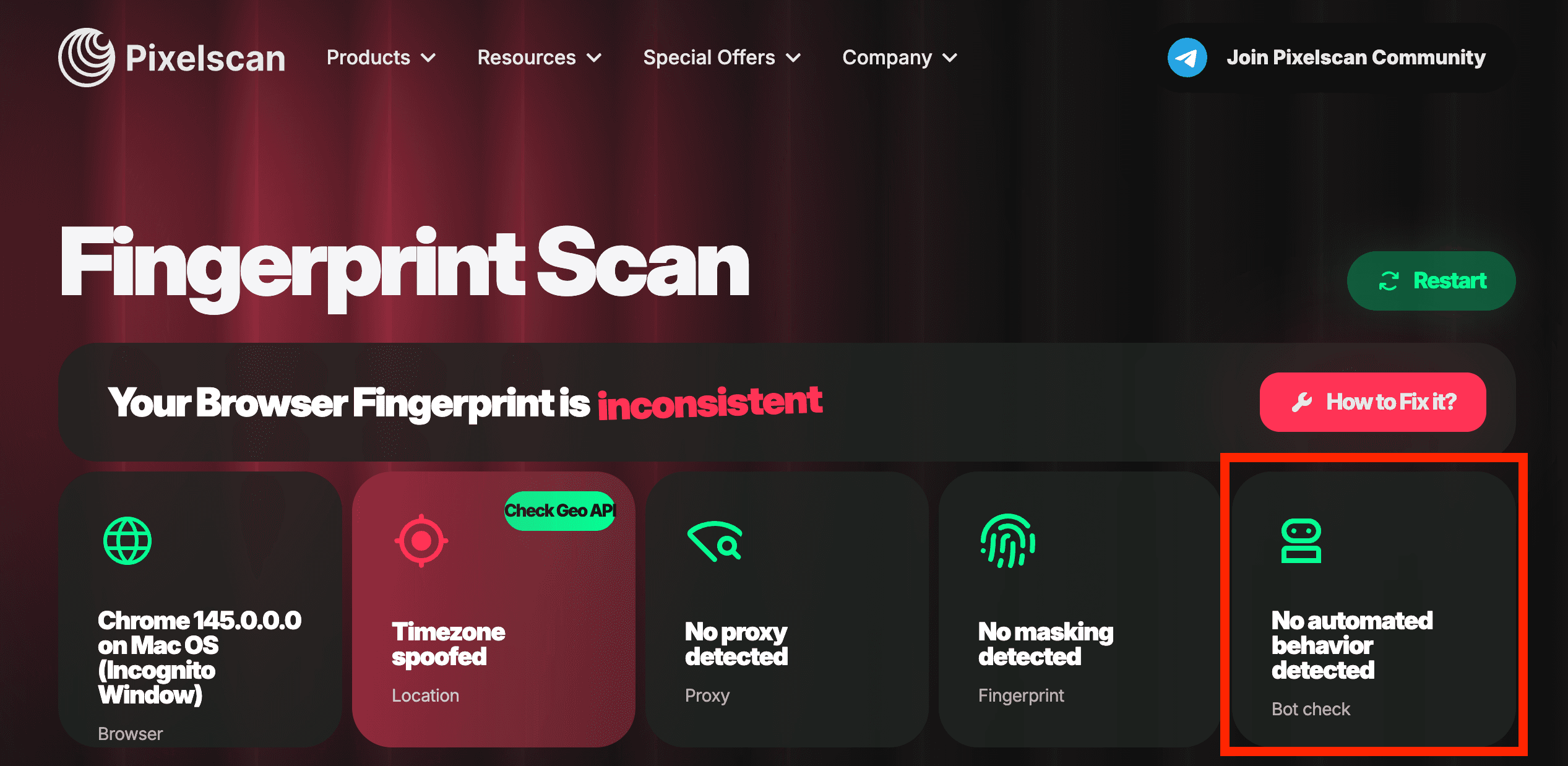 Patchright passes Pixelscan detection