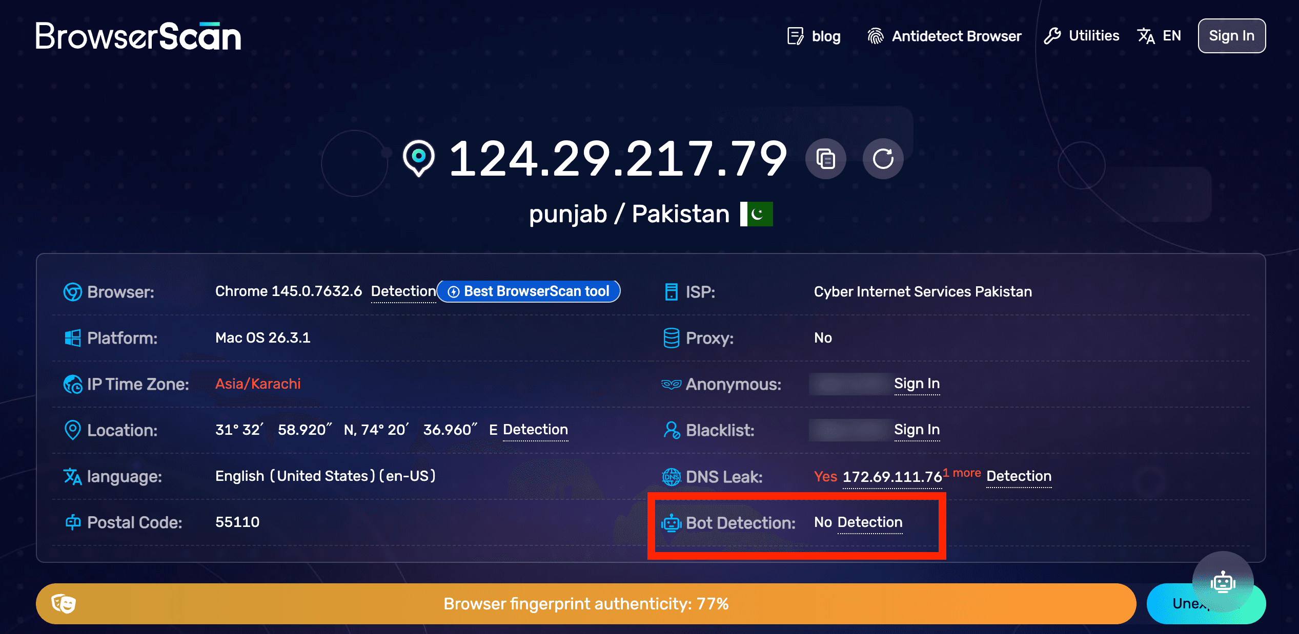Patchright clean on BrowserScan
