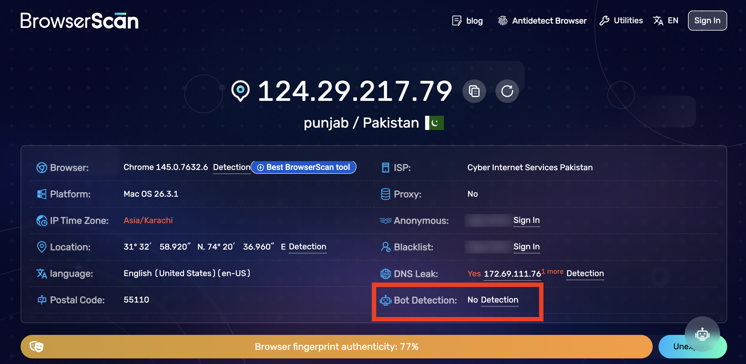 Patchright clean on BrowserScan